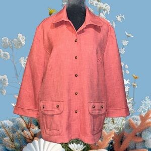 Alfred Dunner retro 70s pattern 3/4 sleeve jacket metal buttons front pockets